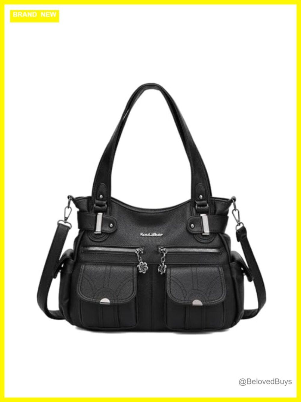 Large vegan leather multi-pocket tote bag with adjustable shoulder strap